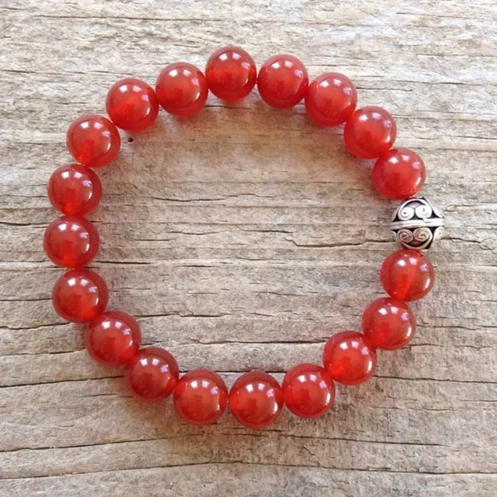 Men's Carnelian Gemstone Stretch Bracelet Sterling Silver Accent - 10mm Beads